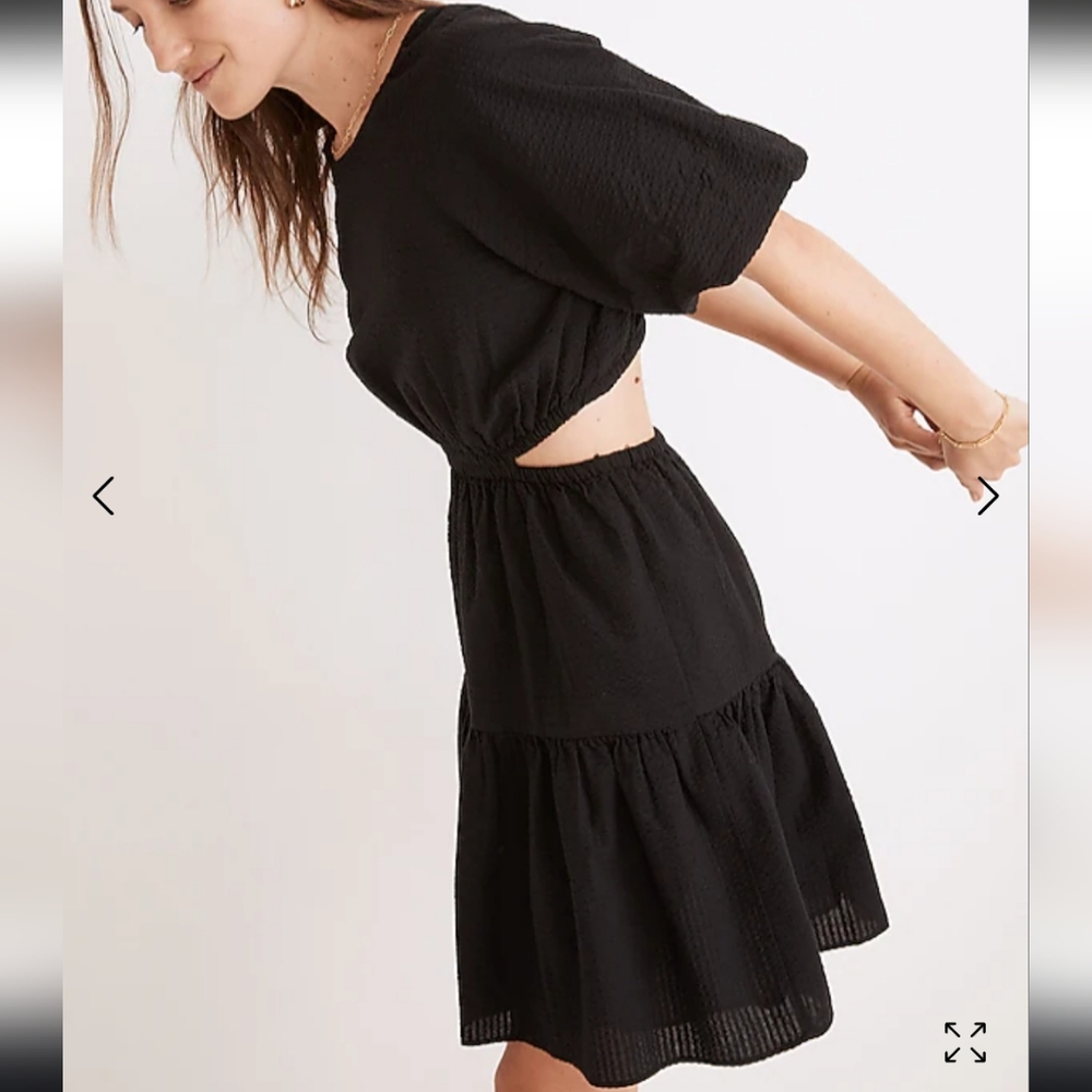 Seersucker Puff-Sleeve Cutout Mini Dress
